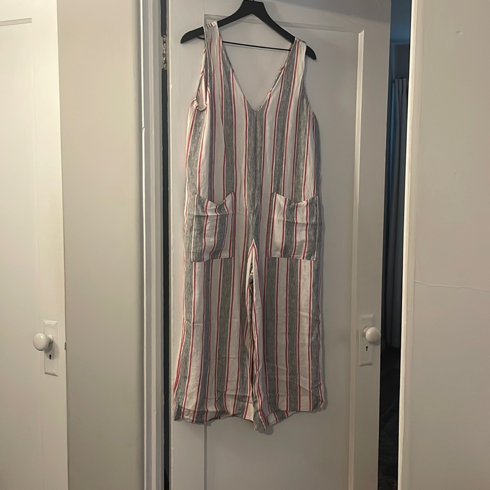 GAP linen jumpsuit in blacks/cream/red stripe